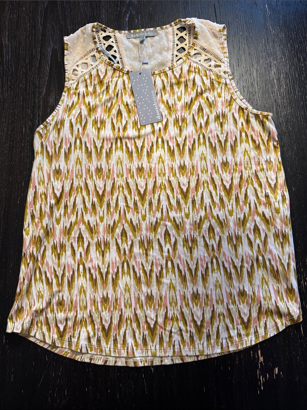 Daniel Rainn Olive & Blush Ikat Sleeveless Top with Lace Yoke Waicy Oat